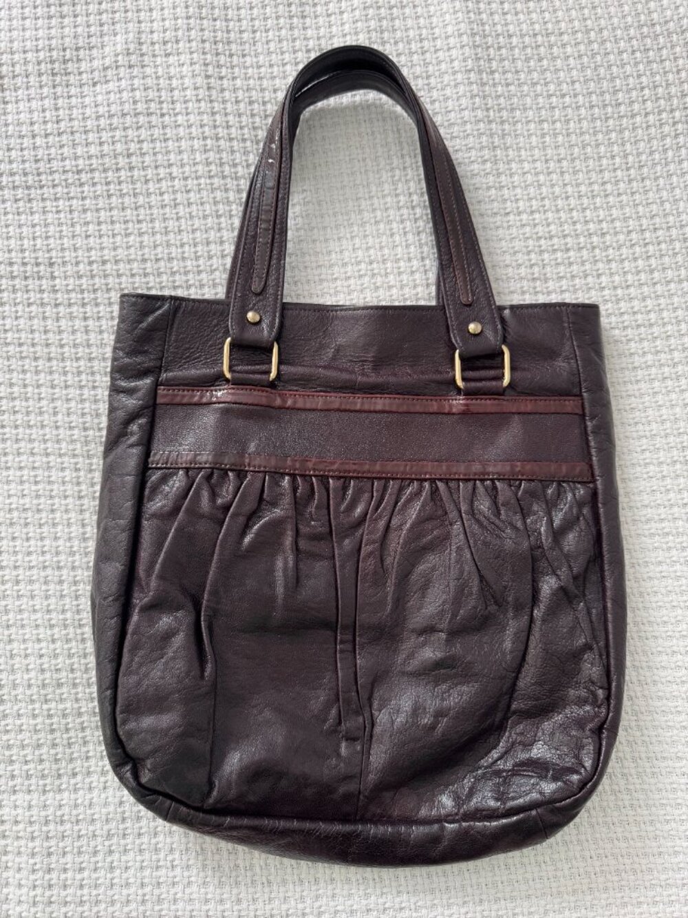 Lauren Merkin Brown Leather Pleated Tote Bag Gold Hardware